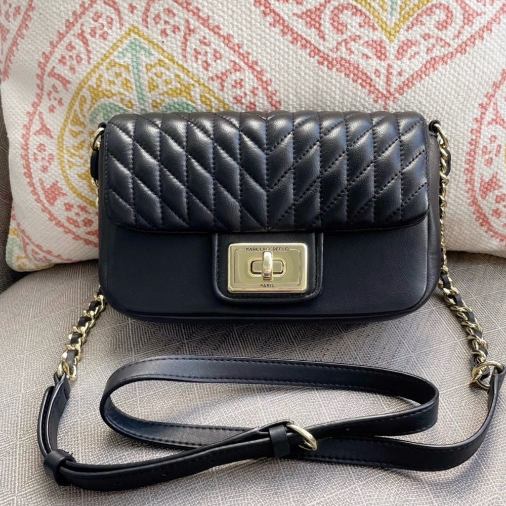 Karl Lagerfeld Agyness Crossbody, Black Lambskin with Gold Hardware, EUC
